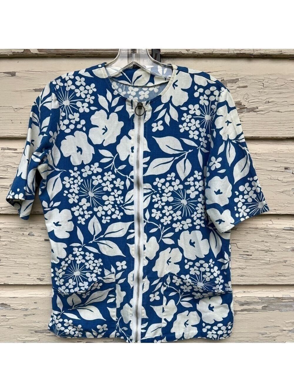Vintage 60s 70s Ship N Shore Hawaiian Floral Full Zip Beachy Swimsuit Cover Top